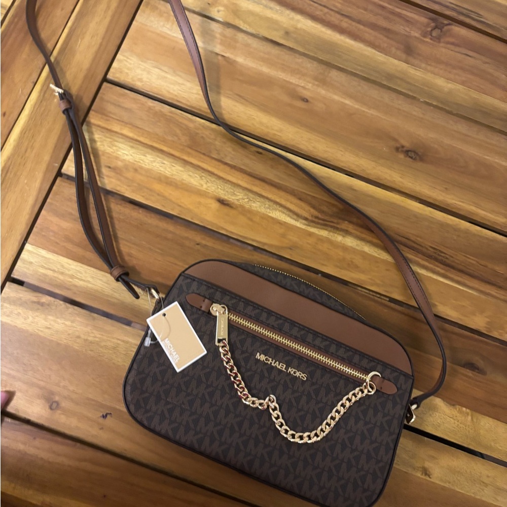 Michael Kors Signature Brown Crossbody Bag with Gold Chain